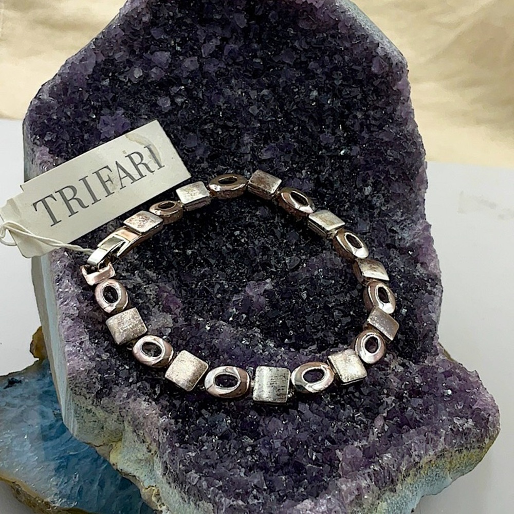Vtg. Trifari 7” Silver Burnished  Bracelet Featuring Square & Oval Shapes